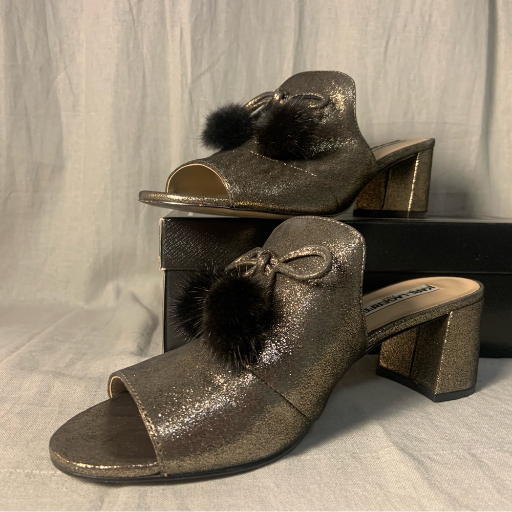KARL LAGERFELD Hennie Bronze Metallic Suede 2 in Heel Slide Sandals w/ Pom-Pom🤎